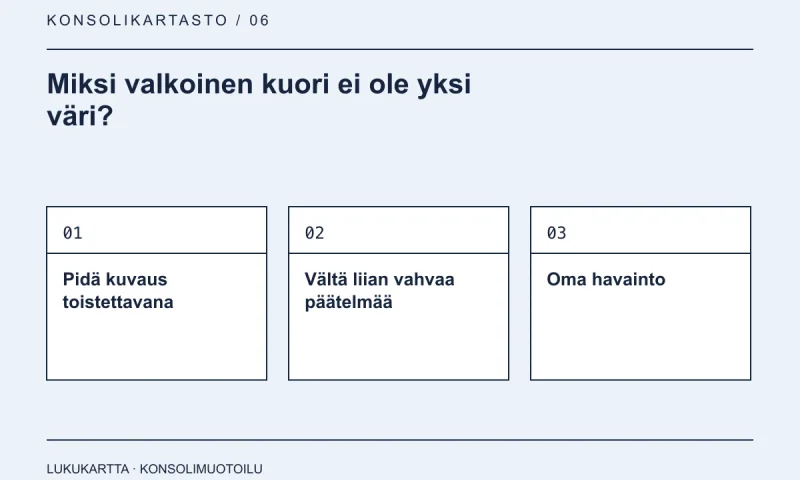 Lukukartta: Miksi valkoinen kuori ei ole yksi väri?. Pidä kuvaus toistettavana, Vältä liian vahvaa päätelmää, Oma havainto.