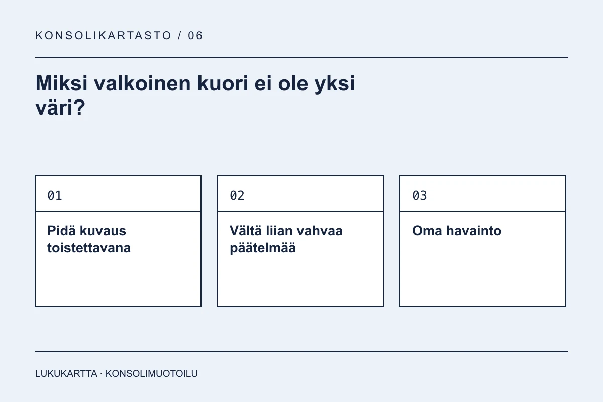 Lukukartta: Miksi valkoinen kuori ei ole yksi väri?. Pidä kuvaus toistettavana, Vältä liian vahvaa päätelmää, Oma havainto.