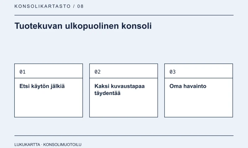 Lukukartta: Tuotekuvan ulkopuolinen konsoli. Etsi käytön jälkiä, Kaksi kuvaustapaa täydentää, Oma havainto.